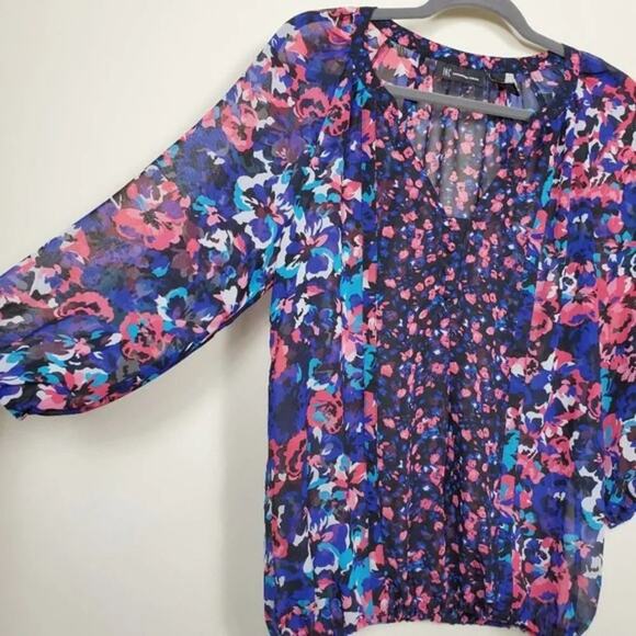 INC International Concepts Floral Blouse Womens Size 6 Blue Pink Black Sheer Top - Picture 4 of 8